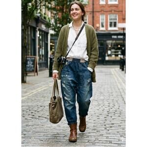 Monthorigin Denim Drop Crotch Harem Pants Distressed Lagenlook Boho Blue Large